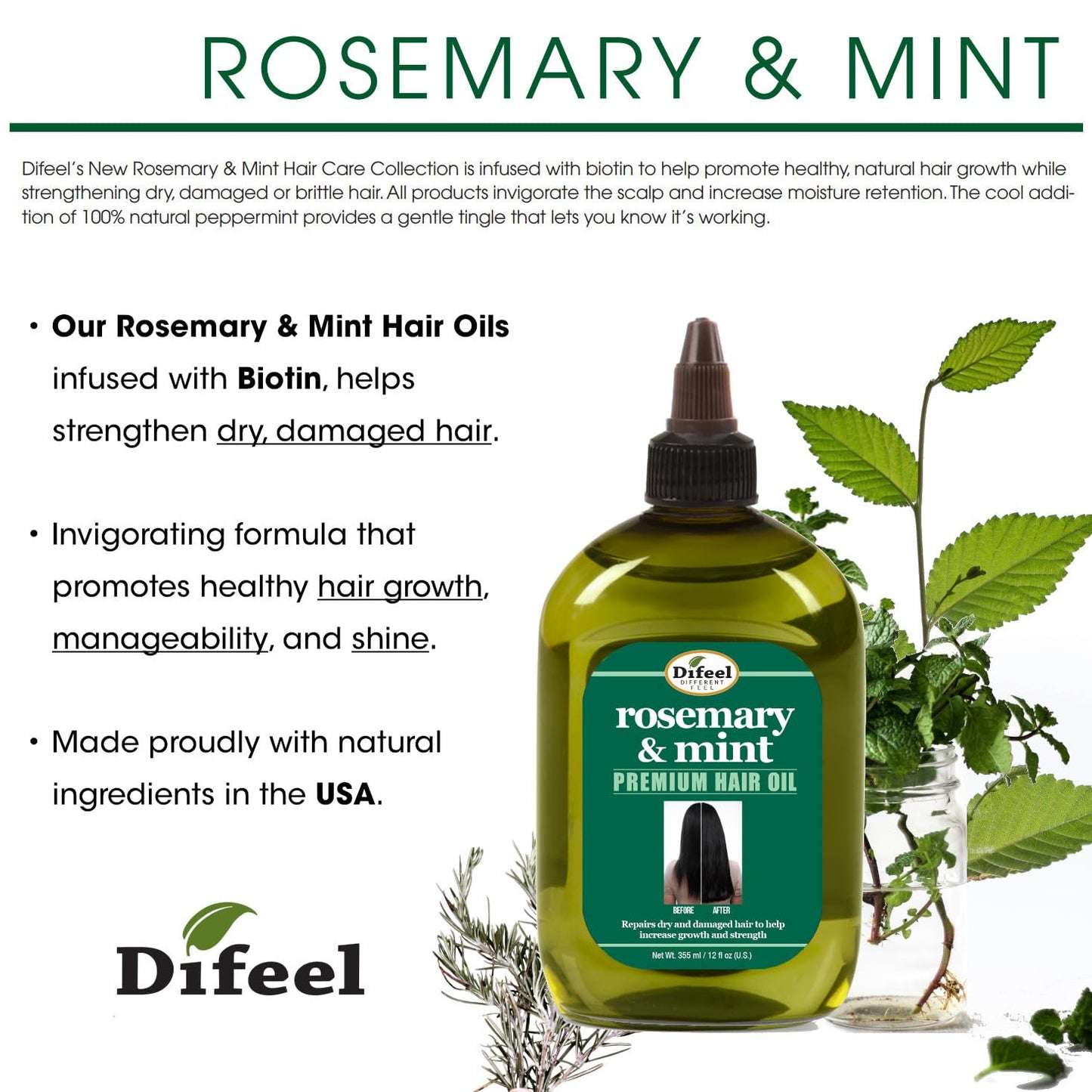 Difeel Rosemary and Mint Premium Hair Oil with Biotin - LARGE 12 oz. - Natural Rosemary Oil for Hair Growth & Biotin Beauty & Personal Care Difeel