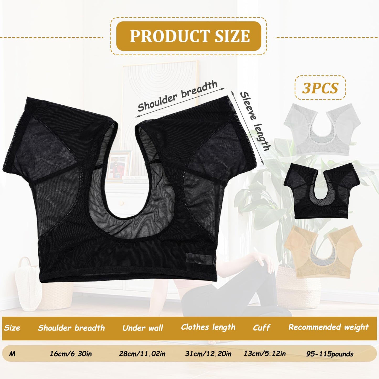 3Pcs Armpit Sweat Pads, Washable Vest Underarm Sweat Pads Breathable Sweatproof Pads with 3 Colors White, Skin Color and Black for Under Armpits Sweat Beauty and Personal Care Pineeseatile