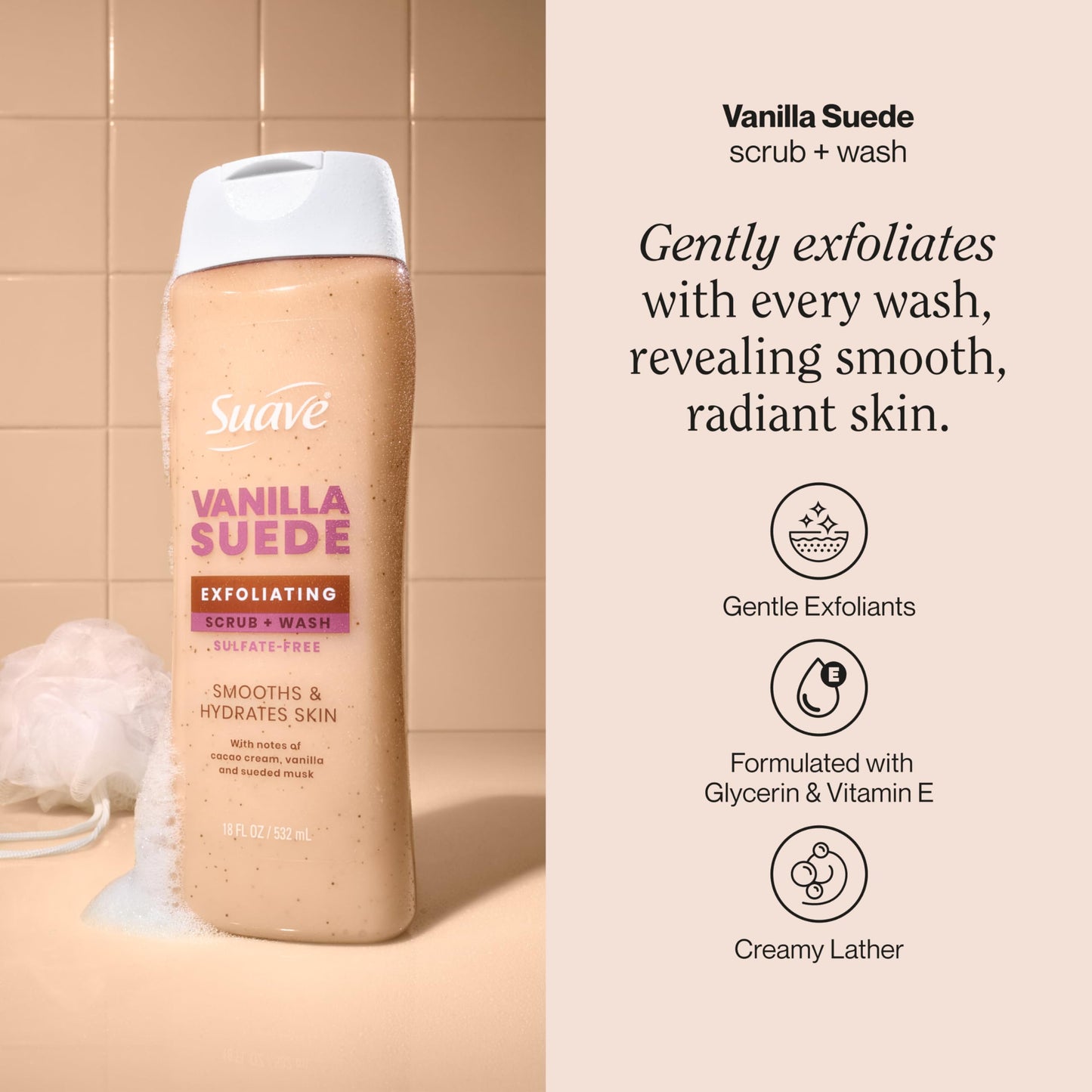 Suave Vanilla Suede Exfoliating Body Wash & Scrub with Glycerin & Vitamin E, Sulfate-Free Hydrating Cleanser for Soft, Smooth Skin, 18 FL OZ Beauty & Personal Care Suave