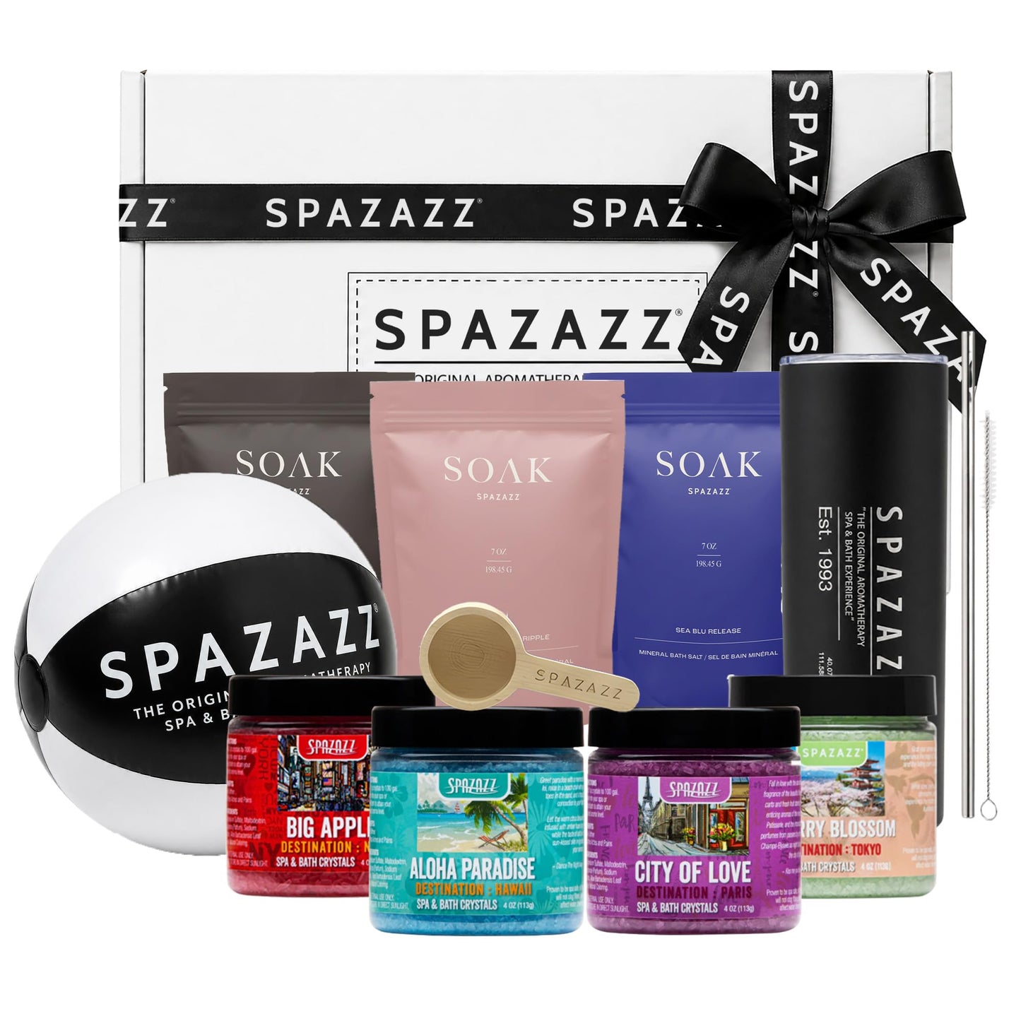 Spazazz Gift Bundle Set - 7oz Aromatherapy Mineral Bath Soak Variety & 4oz Destination Collection Bath Salts, Tumbler, Straws, Bath Salt Scoop & Mini Beauty and Personal Care Spazazz