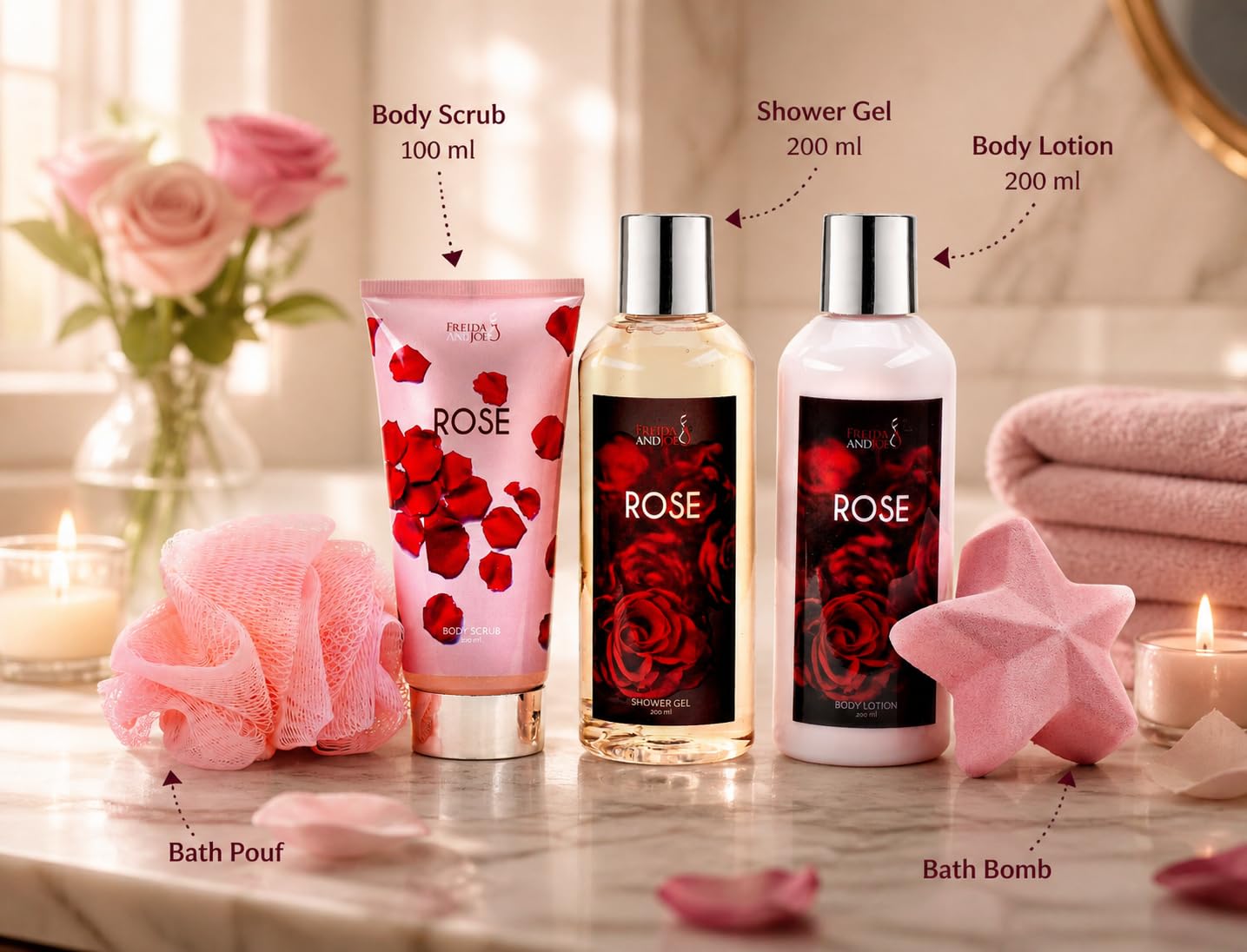 Fragrance Bath & Body Collection Gift Box, Rose Spa Set Beauty and Personal Care Freida and Joe