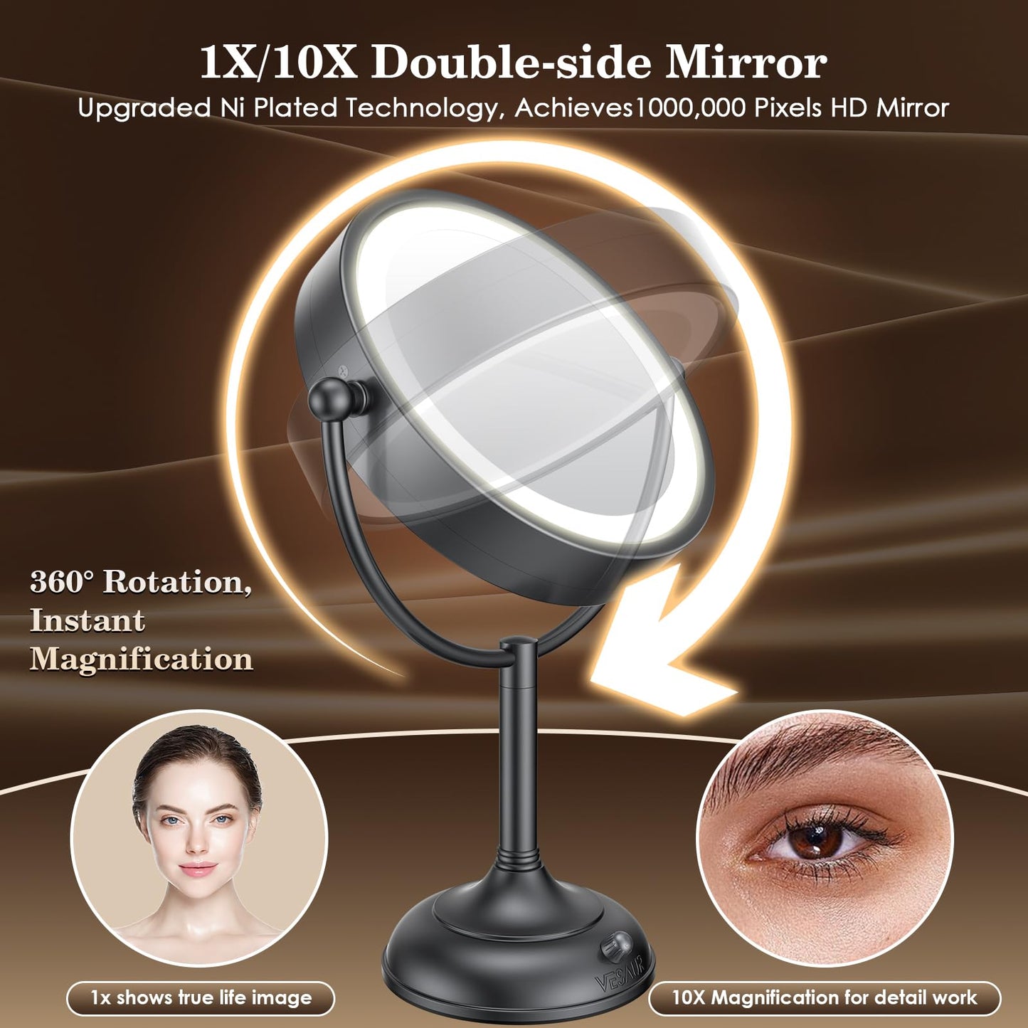 VESAUR Professional 8.5" Lighted Makeup Mirror, 1X/10X Double Sided HD Undistorted Magnifying Mirror with 3 Color 90 Dimmable LED lights, 360° Beauty & Personal Care VESAUR