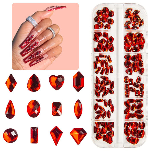 qiipii 120Pcs Red Rhinestones Nail Charms 12 Shapes Crystal Flatback Siam Red Big Gems Ruby Red K9 Glass Nail Stones Diamonds jewels Nail Art Supplies Beauty & Personal Care qiipii