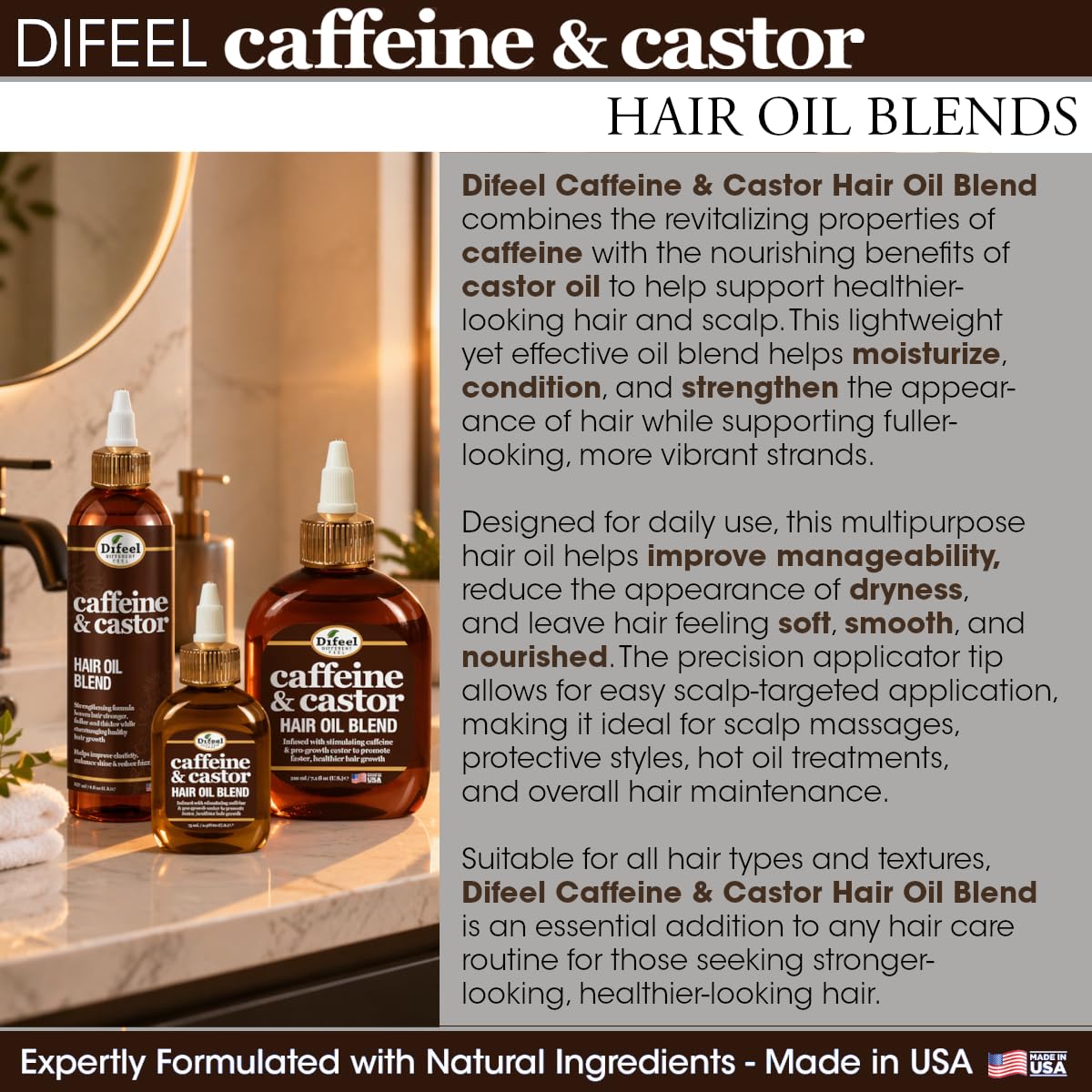 Difeel Caffeine & Castor Hair Oil Blend for Thicker, Fuller-Looking Hair 8 oz. - Nourishing Scalp & Hair Oil Treatment, Strengthens Moisture Retention
