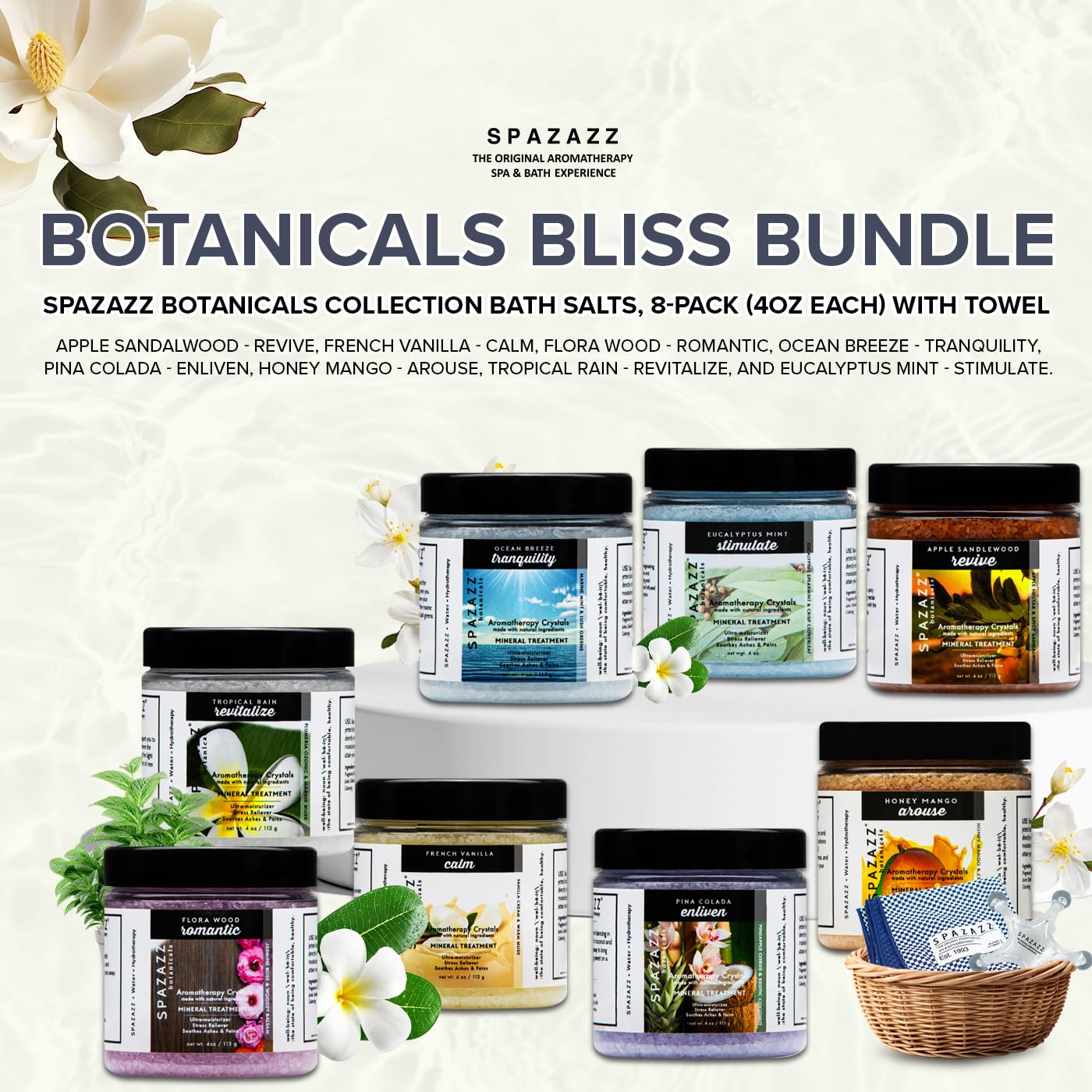 Hot Tub Aromatherapy Bath Salt 8-Pack Botanicals Bundle (4oz) - Apple Sandalwood, French Vanilla, Flora Wood, Ocean Breeze Pina Colada, Honey Beauty and Personal Care Spazazz