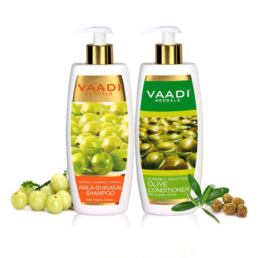 Vaadi Herbals Amla With Shikakai & Reetha Shampoo And Olive Conditioner - Hair Fall & Damage Control Shampoo - - Each Pack Of 350Ml - Each 12.31 Oz - Beauty & Personal Care Vaadi Herbals