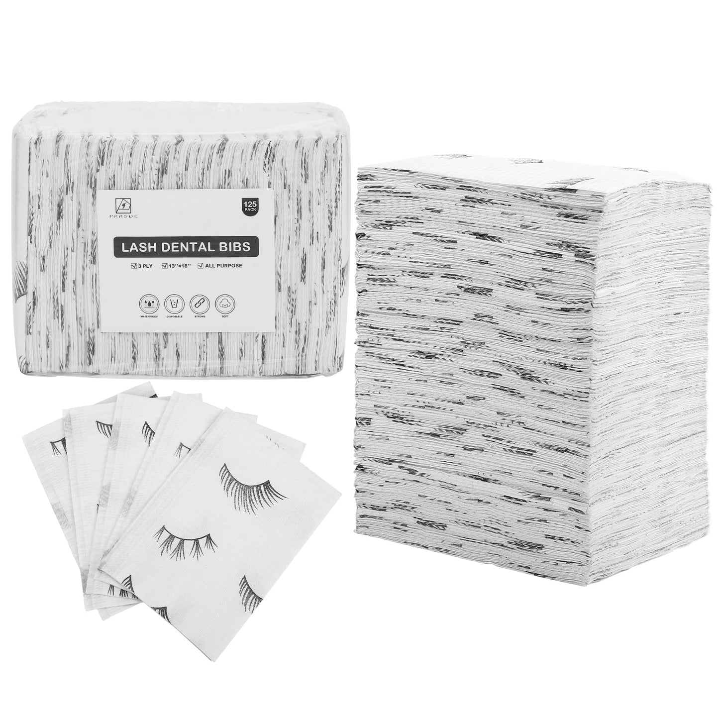 PRASNE Lashing Dental Bibs Disposable Pack of 125, Lash Pillow Cover of Lash Supplies, White 3-Ply Paper Poly Waterproof Towels, 13” x 18”, Black Beauty & Personal Care PRASNE