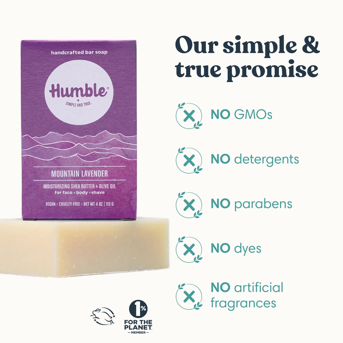 Humble Natural Bar Soap, Mountain Lavender - Cold Processed Face & Body Soap Bar with Essential Oils - Moisturizing Formula for Long-Lasting Beauty & Personal Care HUMBLE SIMPLE AND TRUE.