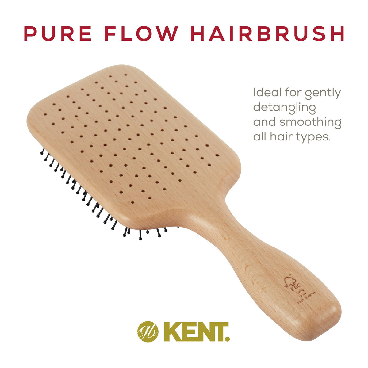 Kent LPF2 Large Cushion Paddle Hair Brush, Vented Taming Fine Pins Detangle Brush for Long Thick and Curly Hair, Scalp Massager and Growth Stimulator
