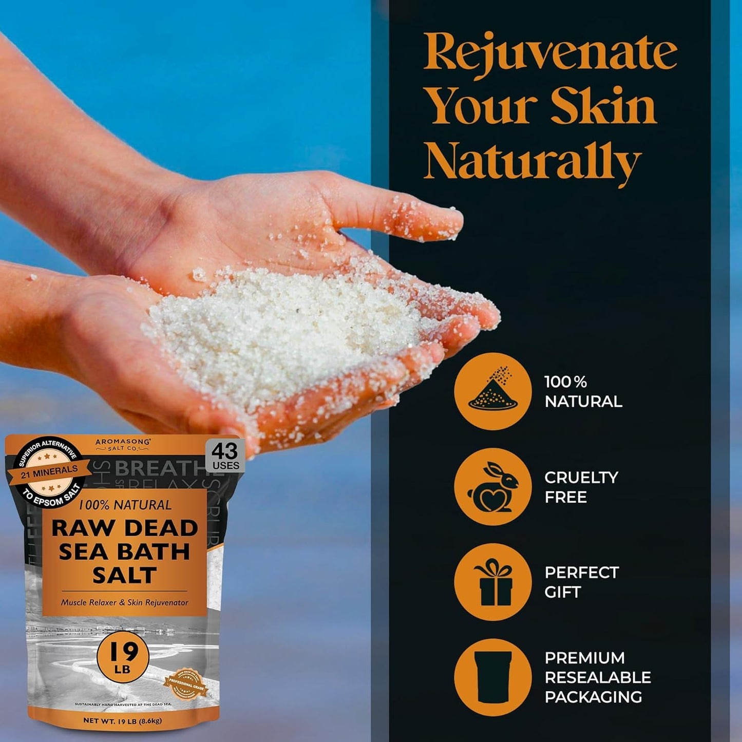 Raw Dead Sea Salt Not Cleaned - 38 Lbs. Fine Medium Grain Large 2 Pack Bulk Resealable Bags - Still Contains All Dead Sea Minerals Including Dead Sea Beauty and Personal Care Aromasong