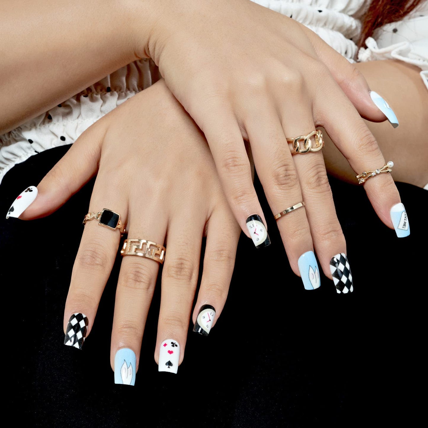 GLAMERMAID Dark Blue White Ombre Press on Nails Medium Square, Oil Painting Glossy Gel Stick on Fake Nals Short Square, Neutral Glue 0n Nails Kit Beauty & Personal Care GLAMERMAID