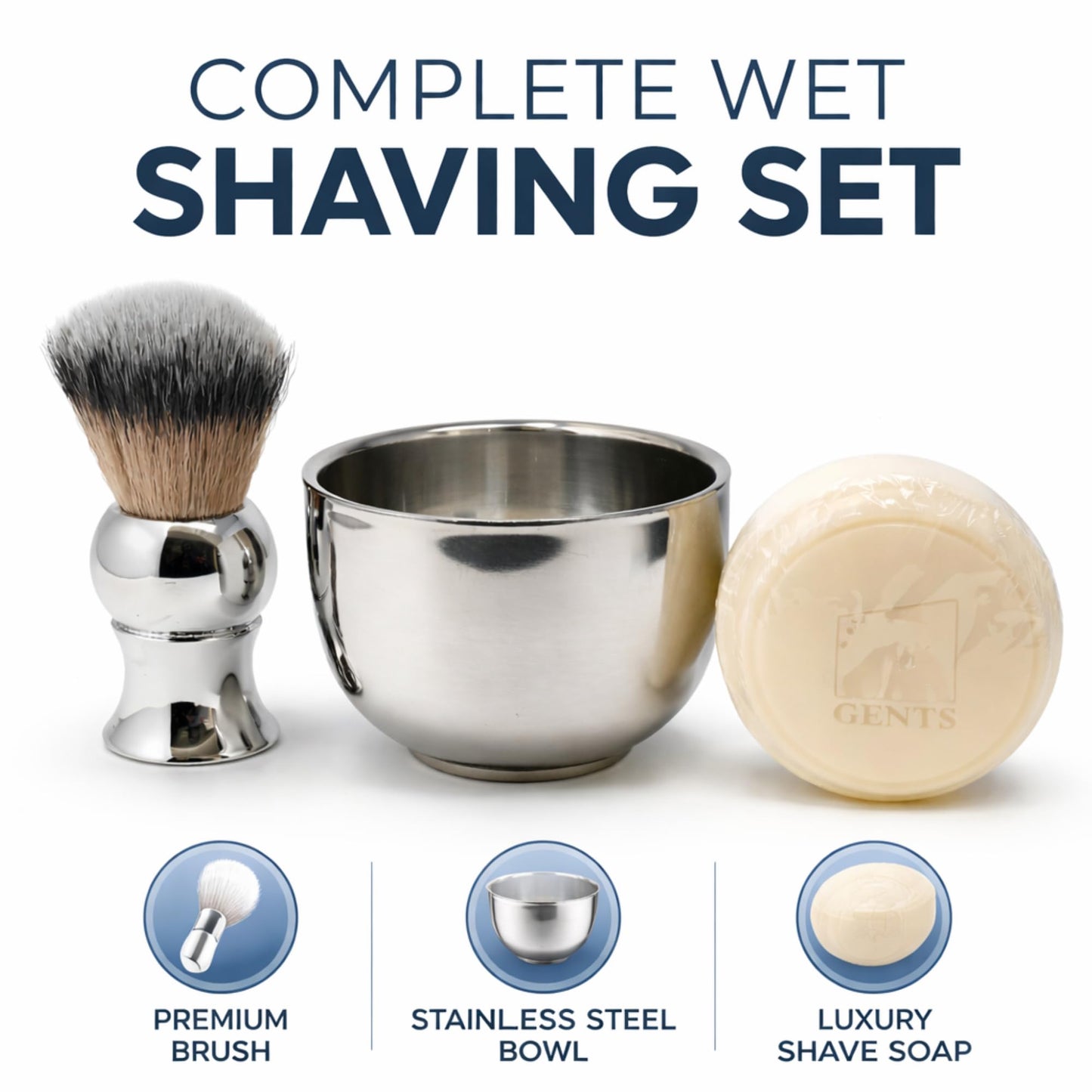 GENTS Men’s Traditional Wet Shaving Kit - 3 Piece Stainless Steel Set with Steel Bowl, Natural Shave Soap & Synthetic Brush - Perfect Grooming Gift Beauty and Personal Care G.B.S