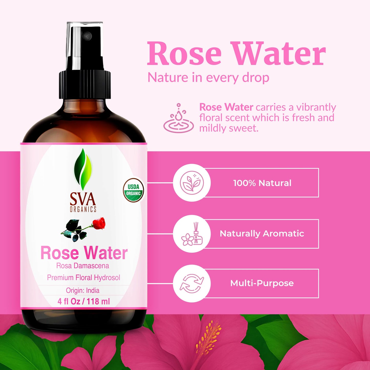 SVA ORGANICS Rose Water 4oz (118 ml) Refreshing Rose Water Spray for Skin Care, Skin Hydration, Bath, Soaps, Haircare & Aromatherapy Beauty & Personal Care SVA ORGANICS