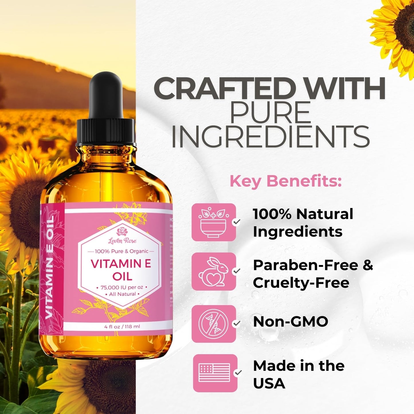 Vitamin E Oil by Leven Rose 75,000 IU per oz 100% Natural, Organic, Pure Vitamin E Oil for Skin, Face, Hair, Nails, and Scars, 4 oz Beauty & Personal Care Leven Rose