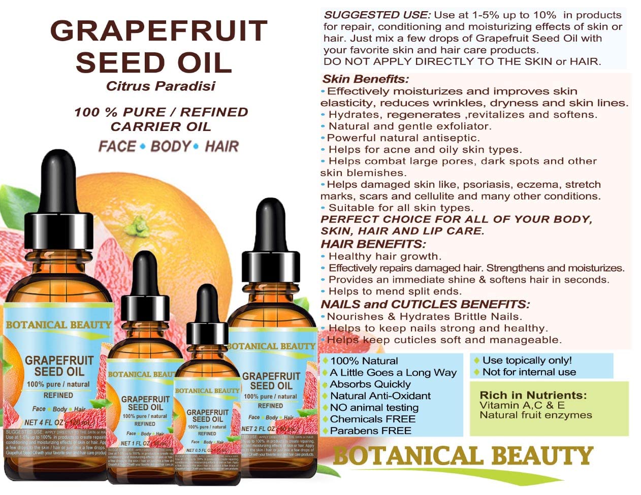 Botanical Beauty GRAPEFRUIT SEED OIL. 100% Pure Natural Undiluted Refined Cold Pressed Carrier Oil (NOT ESSENTIAL OIL) 4 Fl Oz - 120 ml for Face Beauty & Personal Care Botanical Beauty