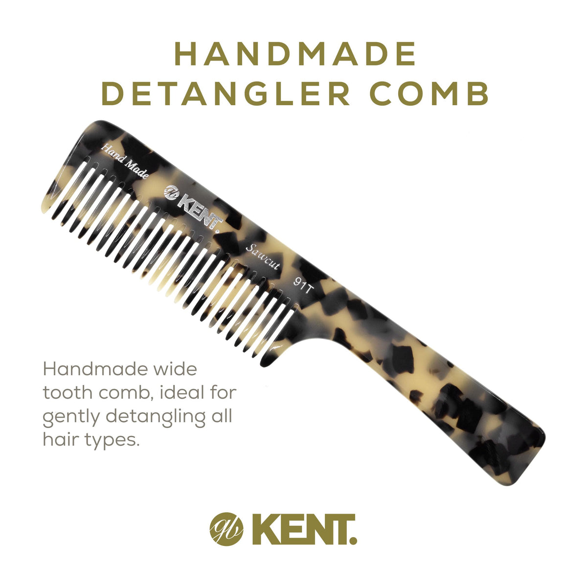 Kent 91T TW Detangler Comb for Women, Wide Tooth Hair Comb for Curly and Wavy Hair - for use in Dry or Wet Hair, Large Handle Shower Comb for