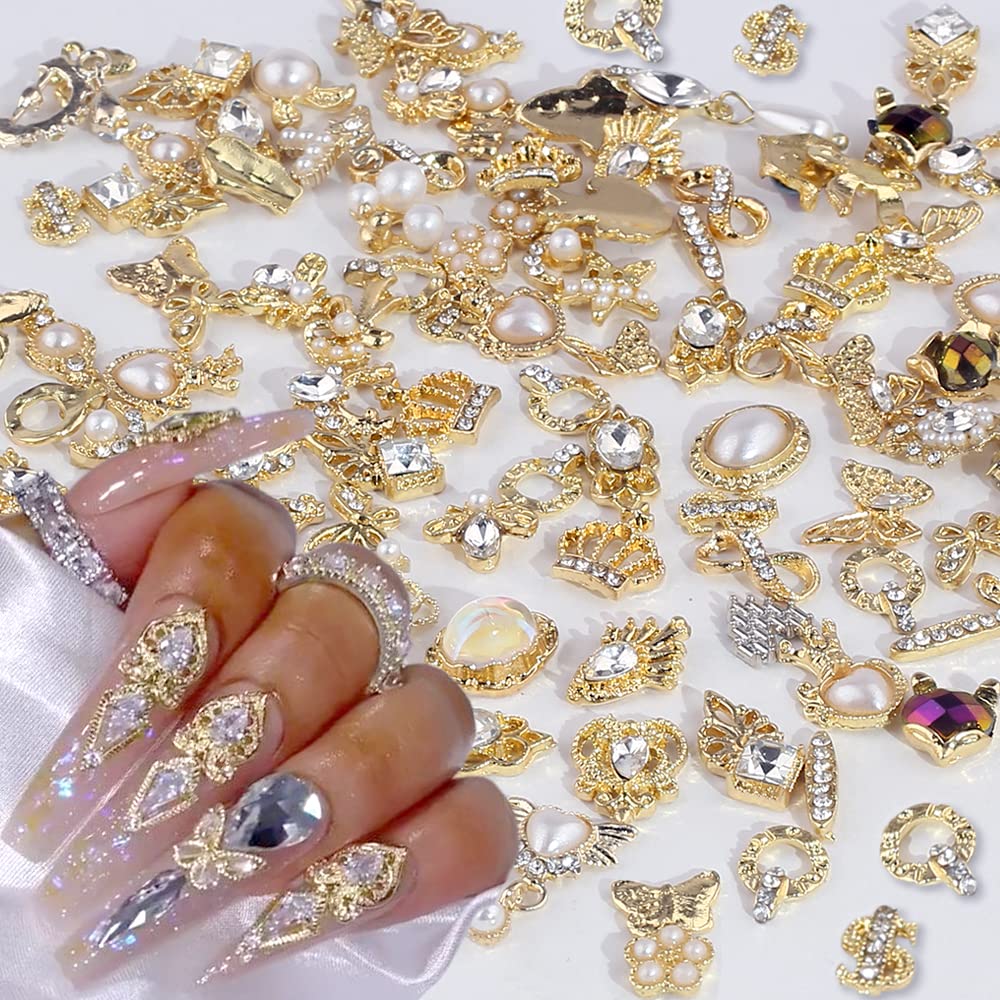Dornail 50pcs Gold Nail Charms for Acrylic Nails, Mix Styles Shiny Pearl Alloy Nail Rhinestones Flower Butterfly Heart Star Charms for Nails Women Beauty & Personal Care Dornail