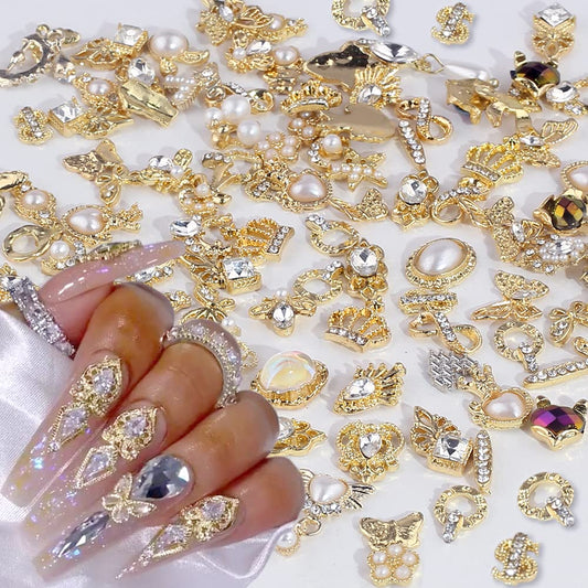 Dornail 50pcs Gold Nail Charms for Acrylic Nails, Mix Styles Shiny Pearl Alloy Nail Rhinestones Flower Butterfly Heart Star Charms for Nails Women Beauty & Personal Care Dornail