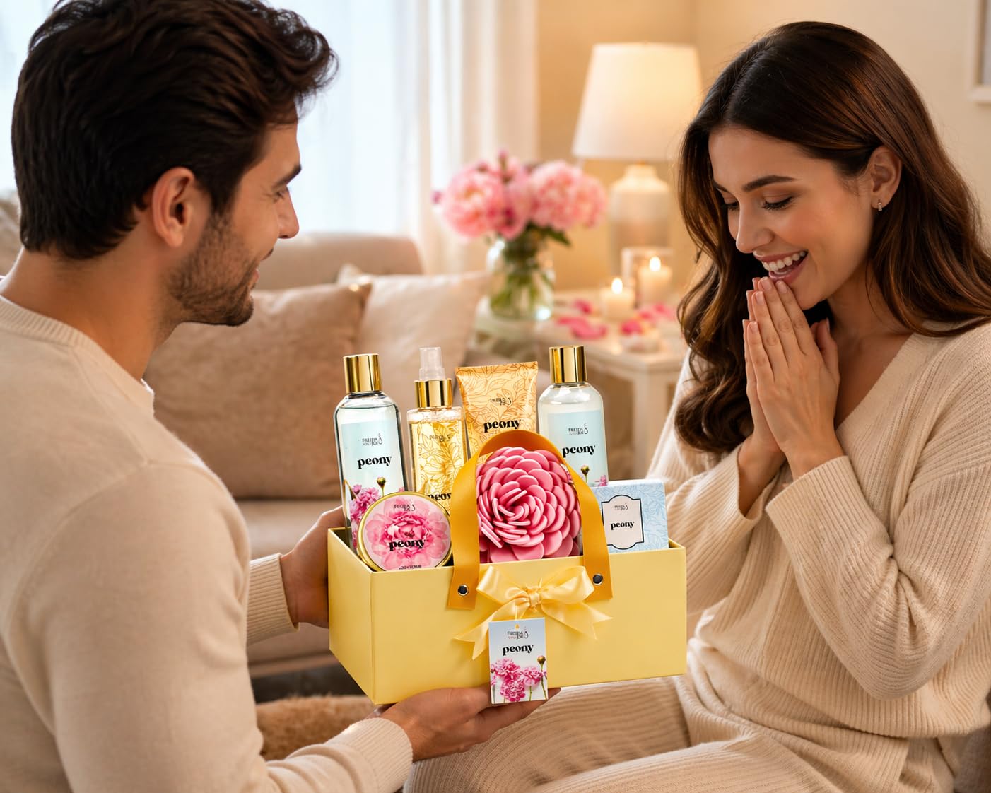 Peony Spa Gift Basket for Women - Mother’s Day Bath & Body Gift Set with Shower Gel, Bubble Bath, Body Mist, Bath Salts & Scrub - Self Care Gift Box Beauty and Personal Care Freida and Joe