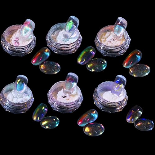 Ice Transparent Aurora Nail Powder Neon Rainbow Holographic Chameleon Powder Multi Chrome Iridescent Pigment Pearlescent Nail Art Glitters (6 Boxes Beauty & Personal Care CHARMING MAY
