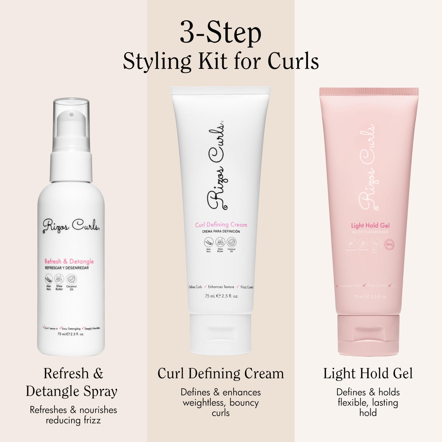 Rizos Curls 3-Step Styling Kit - Define, Style, Hold with Curl Defining Cream, Light Hold Gel & Refresh Spray - Enhances Shine, Moisture & Frizz Beauty & Personal Care Rizos Curls