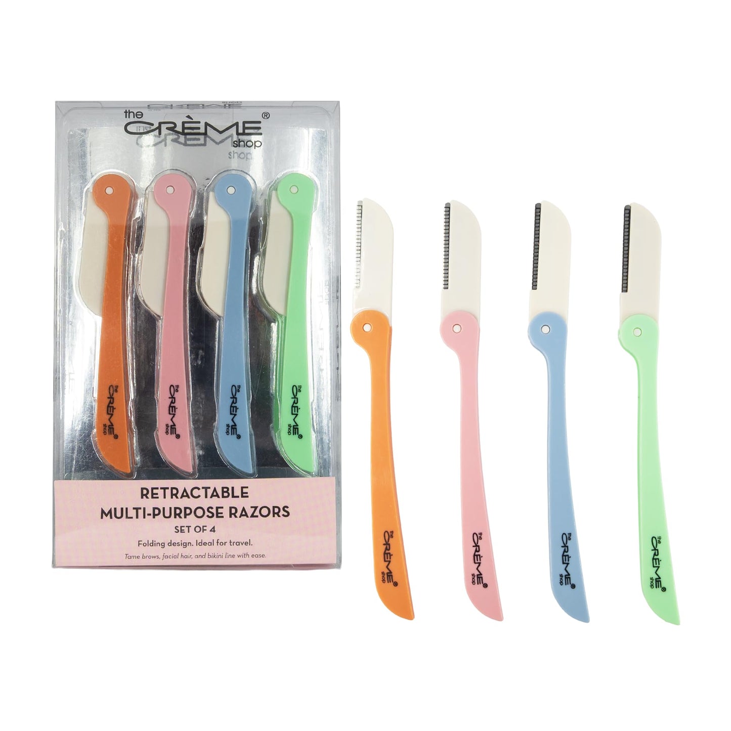 The Crème Shop Retractable Multi-Purpose Razors for Women - 4pc Face & Brow Razors, Dermaplaning Tool - Travel Size Toiletries Essential (Pastel) Beauty and Personal Care The Crème Shop
