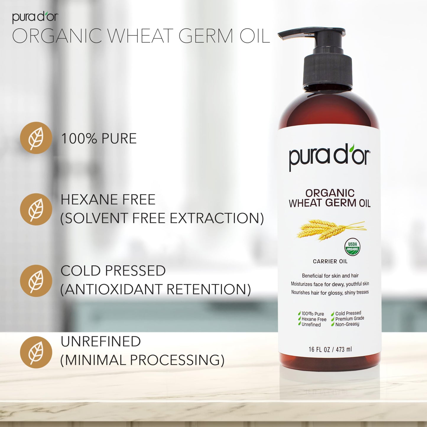 PURA D'OR ORGANIC Wheat Germ Oil (16 Oz x3 = 48 Oz) 100% Pure & Natural USDA Certified Cold Pressed Carrier Oil - Vitamin E Rich, Moisturizing Beauty & Personal Care PURA D'OR