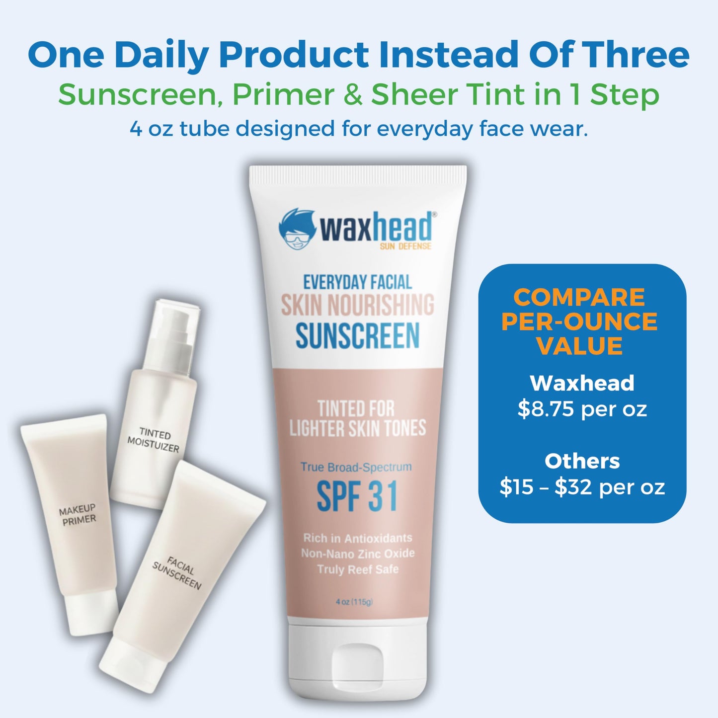 Waxhead Tinted Mineral Face Sunscreen SPF 31, 25% Non-Nano Zinc Oxide, Fragrance-Free, Non-Comedogenic, Tinted Moisturizer & Makeup Primer for Daily Beauty & Personal Care Waxhead Sun Defense Foods