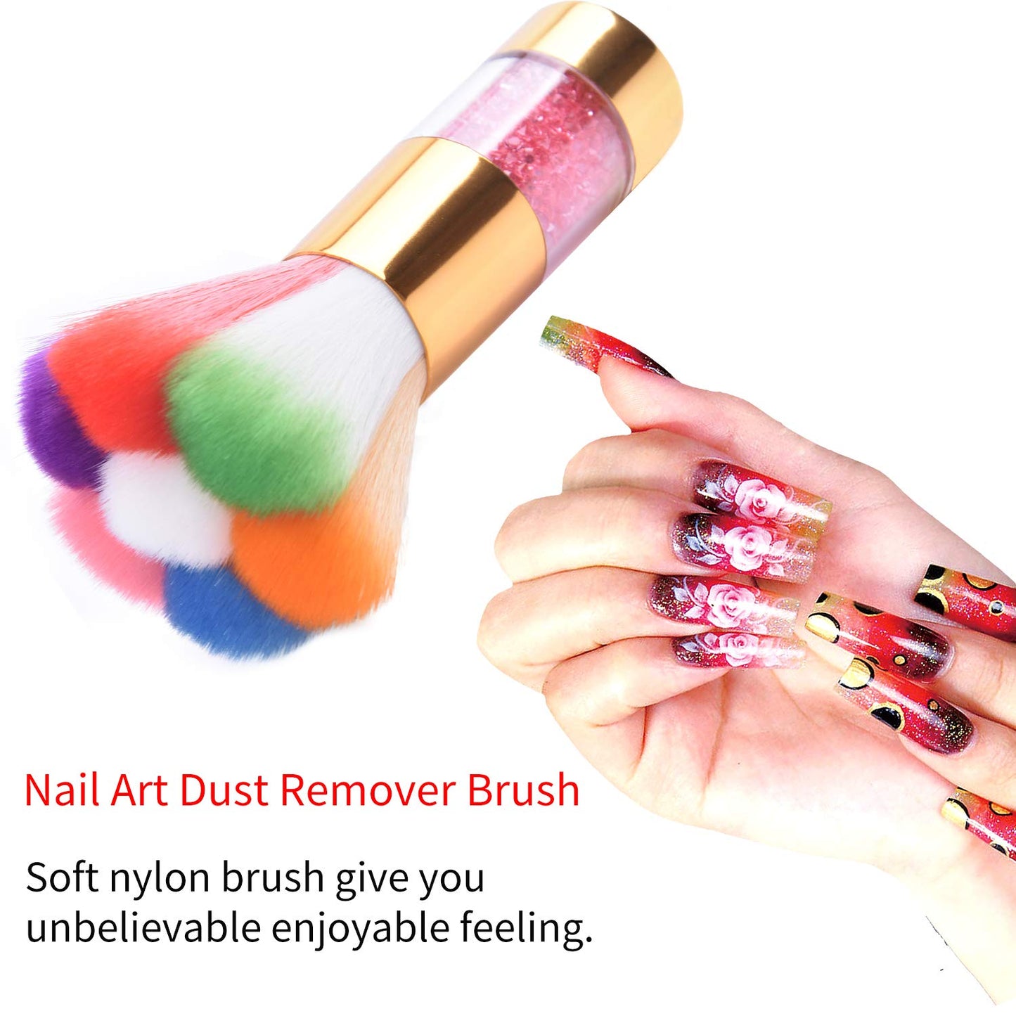 LEQ 2Pcs Colorful Nail Art Dust Brush Remover Cleaner for Acrylic & UV Gel Nails with Shiny Rhinestone Handle Beauty & Personal Care LEQ