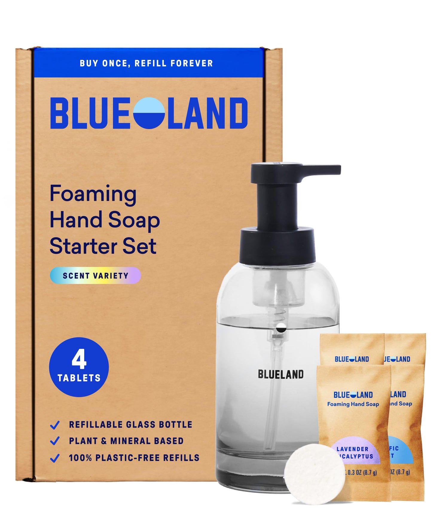 BLUELAND Hand Soap Starter Set, 1 Refillable Glass Foaming Hand Soap Dispenser in Slate with 4 Refill Tablets, Variety Scents, 4 x 9 Fl oz Beauty & Personal Care BLUELAND