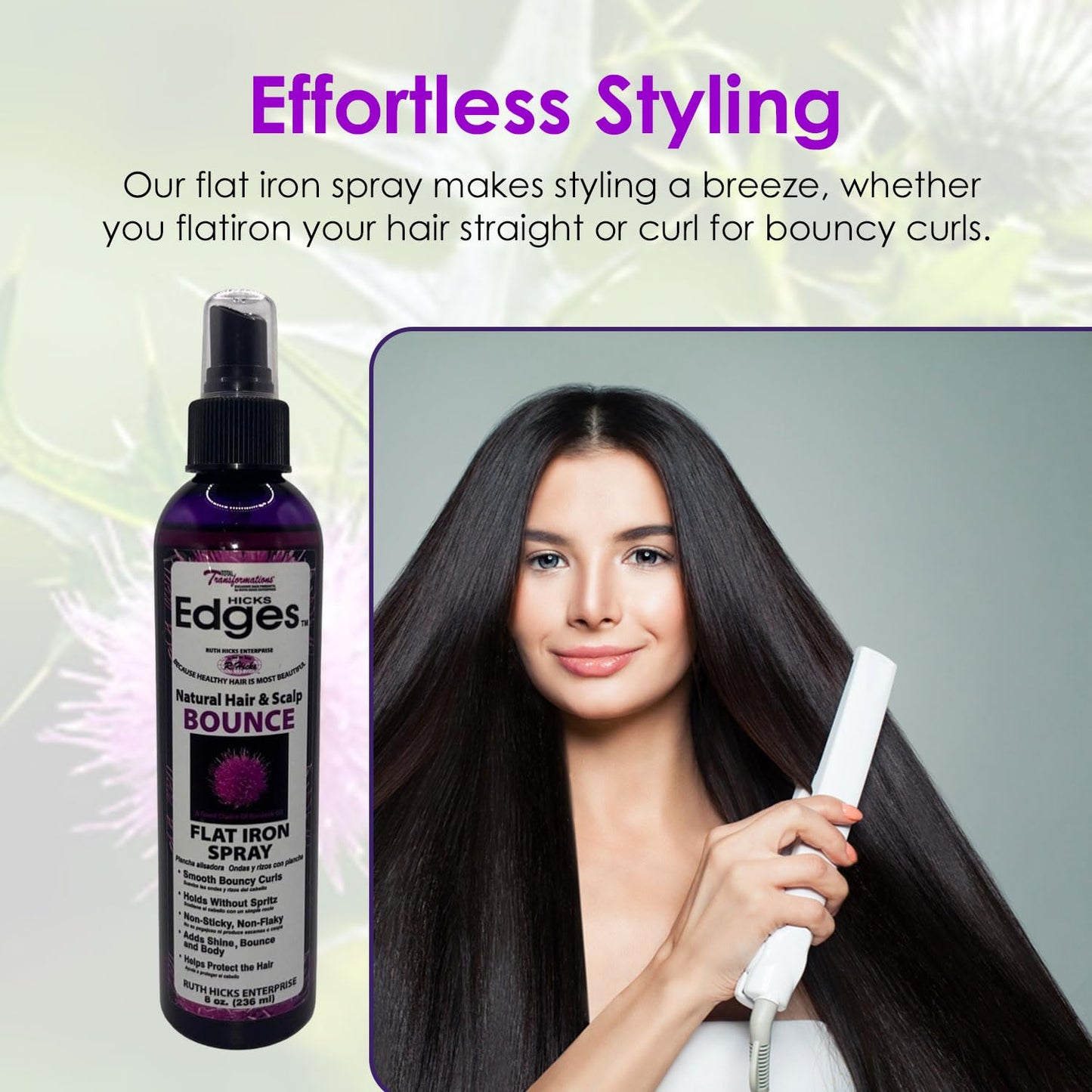 Hicks Edges Natural Hair and Scalp Bounce Flat Iron Spray, Smooth Bouncy Curls, Holds without Spritz with Heat Protection, Non-Sticky and Non Flaky Beauty & Personal Care Ruth Hicks Enterprise