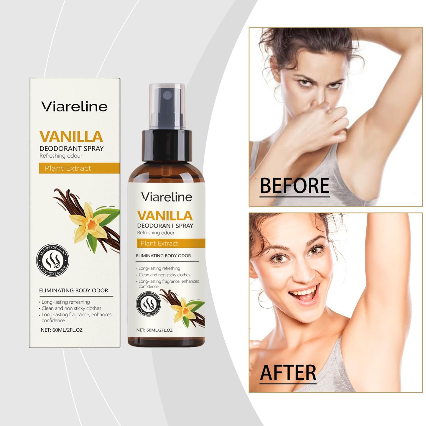Viareline Vanilla Deodorant Spray, Plant Extract, Antiperspirant, Eliminates Body Odor, Long-Lasting Fragrance, 2 fl oz Beauty and Personal Care Viareline