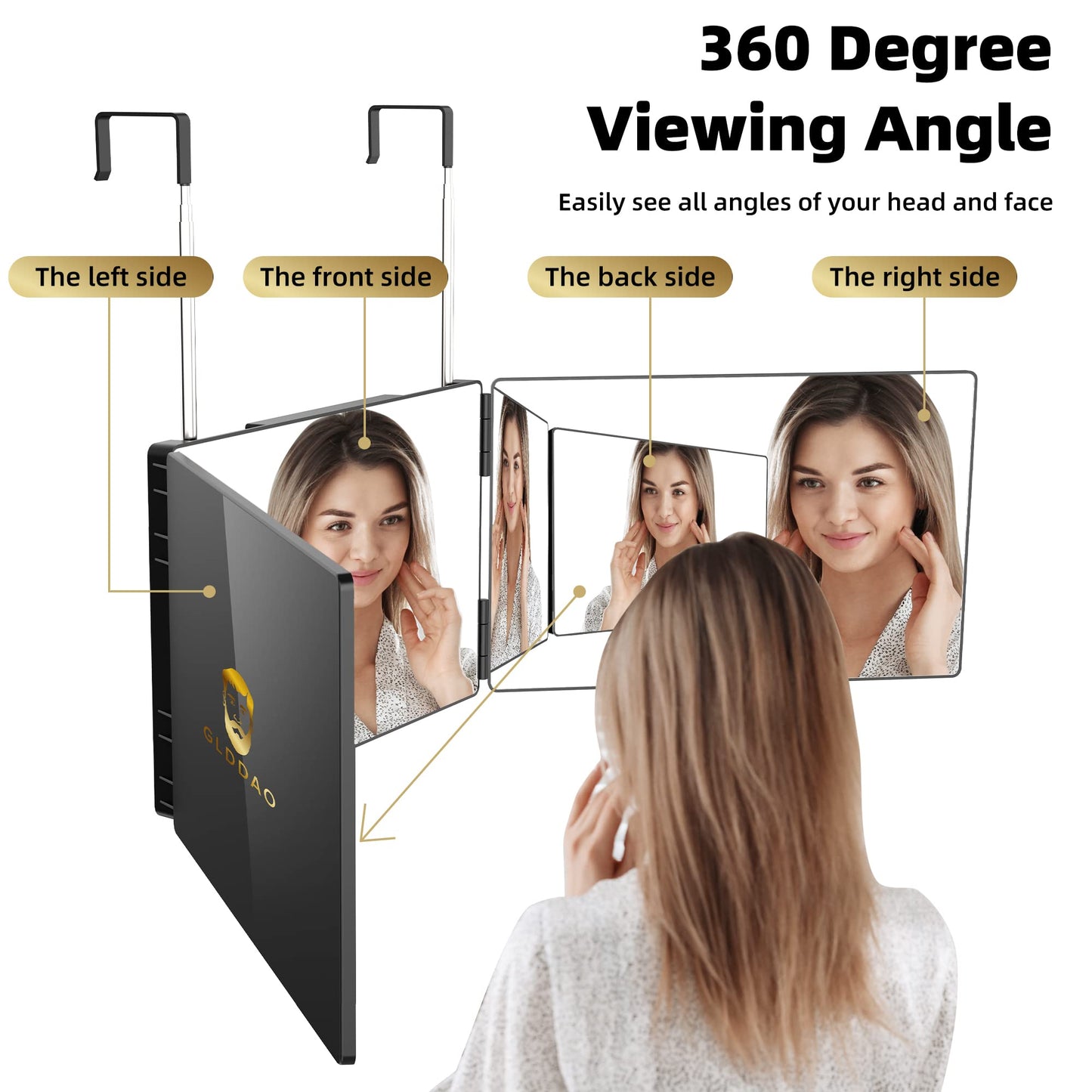 GLDDAO 360 Mirror for Haircuts for Men for Women for Braiding Hair Trifold 3 Way Mirror to See Back of Head Barber Haircut Tool Three Way for Hair Beauty & Personal Care GLDDAO
