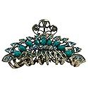 Large Retro Chic Metal Grip Imitation Turquoise Jewel Beads Hair Claw Jaw Comb Pins Flowers Catch Barrette with Teeth Updo Accessories for Thick Hair Beauty & Personal Care DAONACO