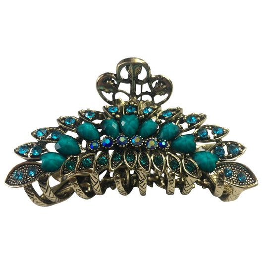 Large Retro Chic Metal Grip Imitation Turquoise Jewel Beads Hair Claw Jaw Comb Pins Flowers Catch Barrette with Teeth Updo Accessories for Thick Hair Beauty & Personal Care DAONACO