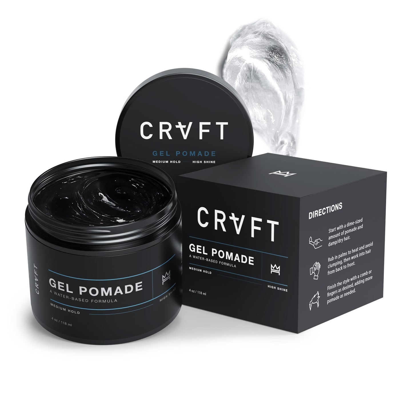 CRVFT Gel Pomade 4oz | High Shine/Medium Hold | Water Based/Water Soluble | Ideal For Short/Medium Thin/Thick Hair | For A Clean Cut Look | Men’s Beauty & Personal Care Hair Craft Co.