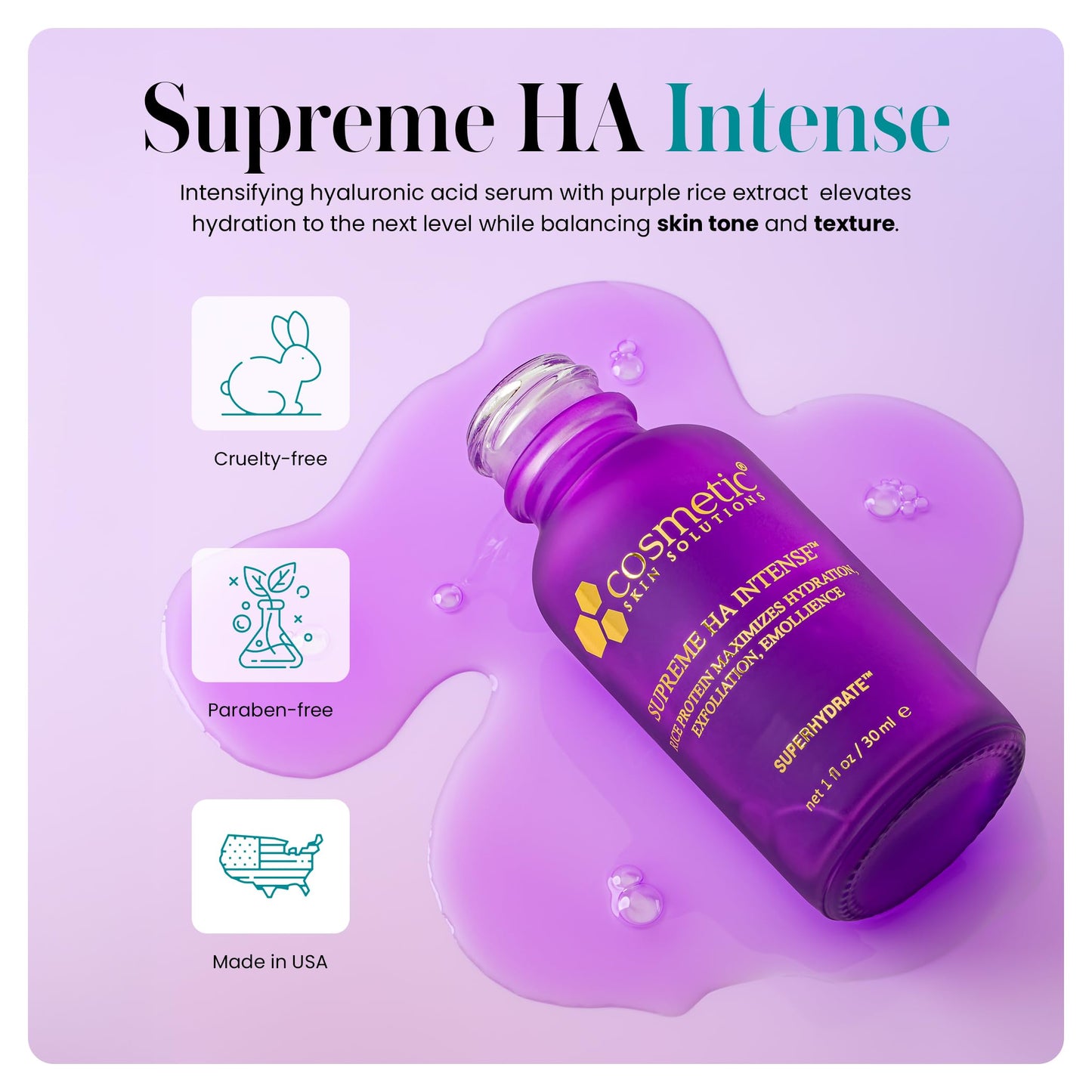 Supreme HA Intense - Hyaluronic Acid Serum with Vitamin E, Purple Rice Extract, Mandelic & Malic Acids - Hydrating and Smoothing Face Serum Beauty & Personal Care Cosmetic Skin Solutions