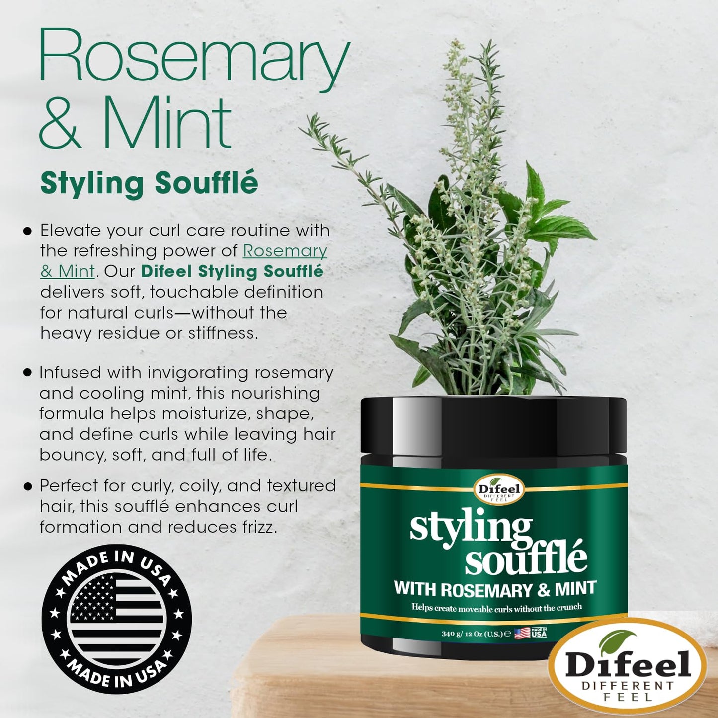 Difeel Rosemary & Mint Styling Soufflé 12 oz. - Nourishing Curl Defining Souffle for Wavy Hair, Curly Hair & Coils Beauty & Personal Care Difeel