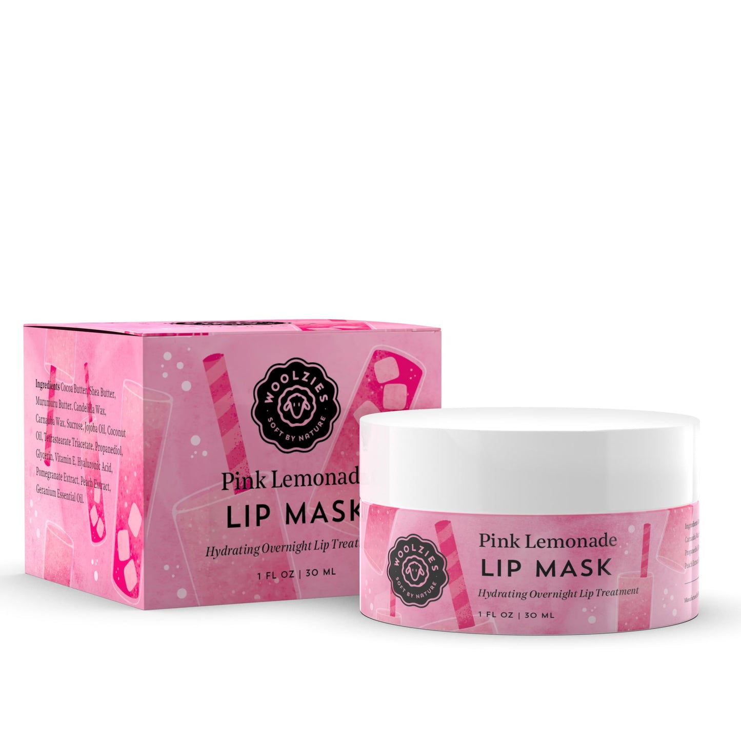 Hydrating Lip Mask with Hyaluronic Acid - Overnight Treatment for Soft, Smooth Lips - Shea Butter, Vitamin E & Natural Oils - 1 oz Jar (1 Ounce, Pink Beauty and Personal Care Woolzies