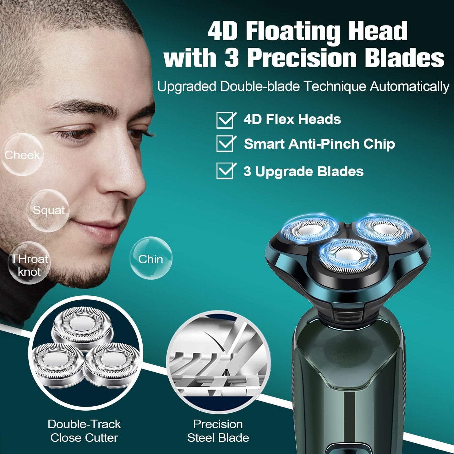 Electric Razor for Men, 3-in-1 Shaver with Floating Blades for Nose Hair &Sideburns,Replacement Blades, Pop-up Trimmer, IPX7 Waterproof, Travel Lock Beauty and Personal Care Handsomeface