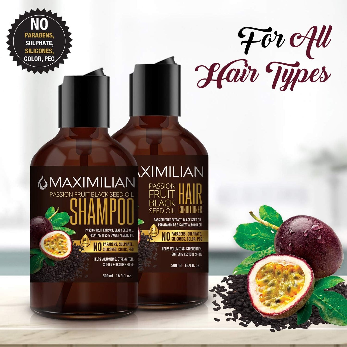 Maximilian Passion Fruit Black Seed Oil Curly Hair Shampoo and Conditioner Set- Extra Volumizing, Strengthing, Moisturizing, Hydration and Shine Beauty & Personal Care MAXIMILIAN