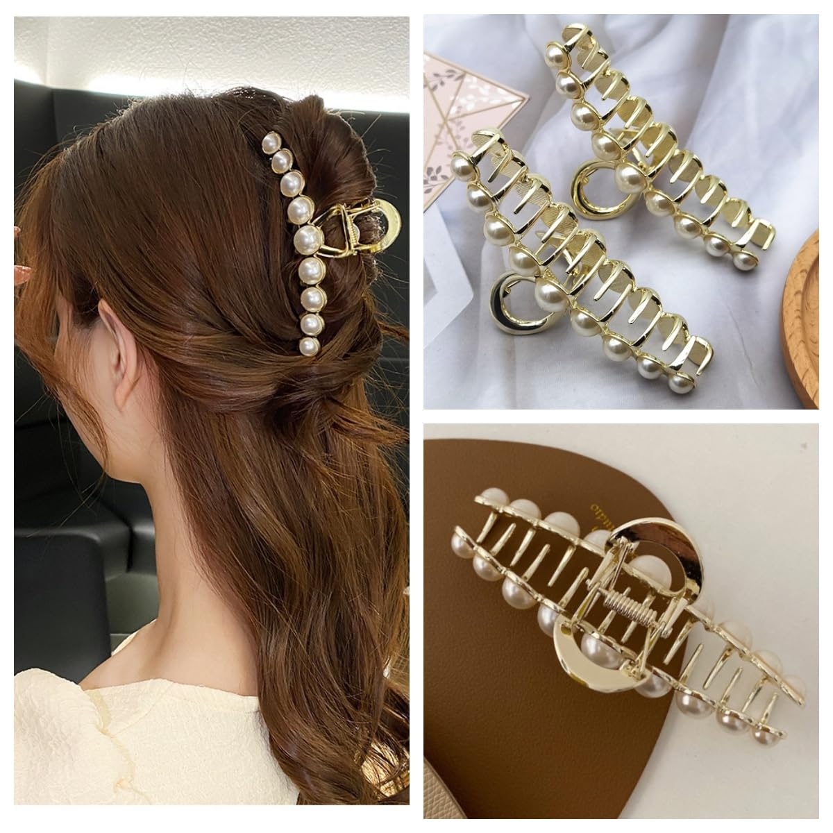 Rhinestone Hair Claw Clips, 4.4 Inch Vintage Metal Imitation Pearl Hair Jaw Clip for Women, Non Slip Hair Clamp Fashion Wedding Party Accessories Beauty & Personal Care Textention