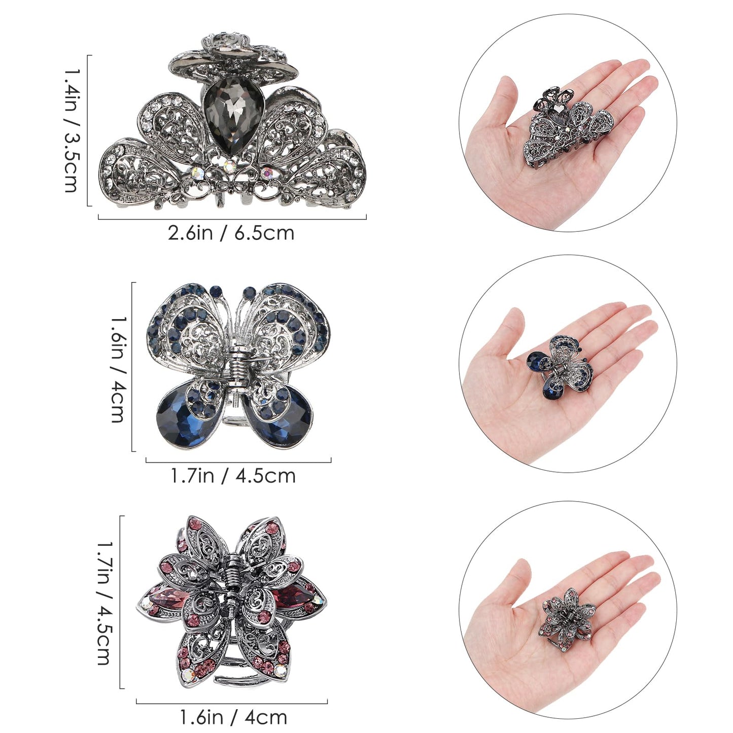 kilofly 3pc Vintage Crystal Hair Claw Clips Long Thick Hair Metal Clamps Beauty & Personal Care kilofly