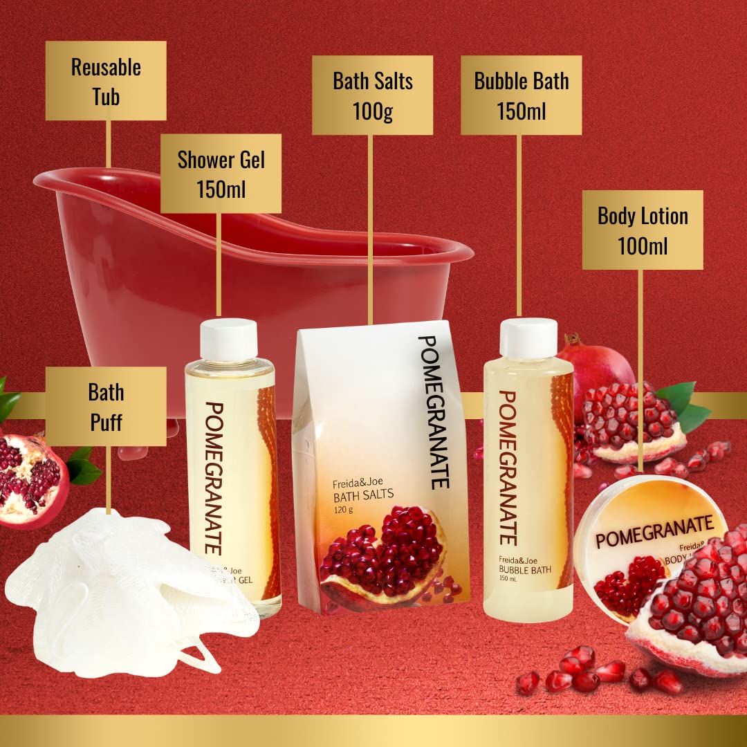 Red Pomegranate Home Spa Bath Basket - Bath & Body Set For Women - Contains Shower Gel, Bubble Bath, Body Lotion, Pomegranate Bath Salt & Pouf in Red Beauty & Personal Care Freida and Joe