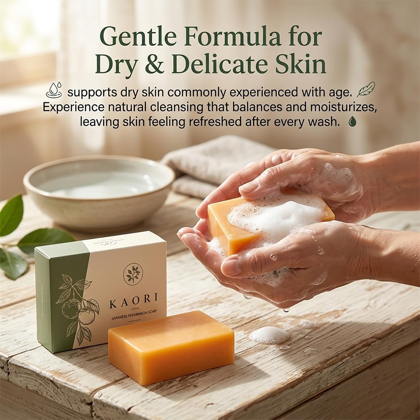 Kaori Deodorizing Persimmon Soap for Old People Smell & Nonenal, Moisturizing Mature Skin, Renewing & Purifying Body Wash, Persimmon Soap for Body Beauty and Personal Care Kalani Glow