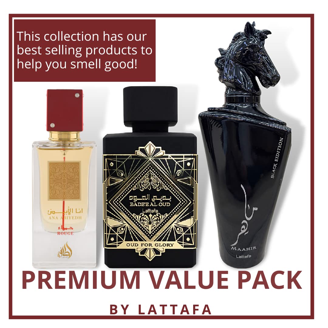 Lattafa Perfumes Bade'e Al Oud For Glory, Maahir Black & Ana Abiyedh Rouge EDP-100ml(3.4 oz) Beauty & Personal Care Lattafa