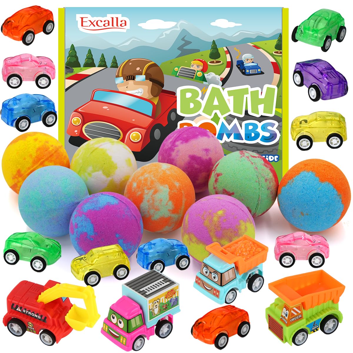 Bath Bombs for Kids with Toys Inside, 9 Pack Handmde Bath Bombs Set with Pull-Back Cars Inside, Rich Foam Color Bubble Set Boys Girls for Skin Beauty and Personal Care Excalla