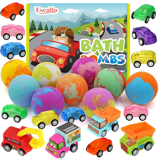 Bath Bombs for Kids with Toys Inside, 9 Pack Handmde Bath Bombs Set with Pull-Back Cars Inside, Rich Foam Color Bubble Set Boys Girls for Skin Beauty and Personal Care Excalla