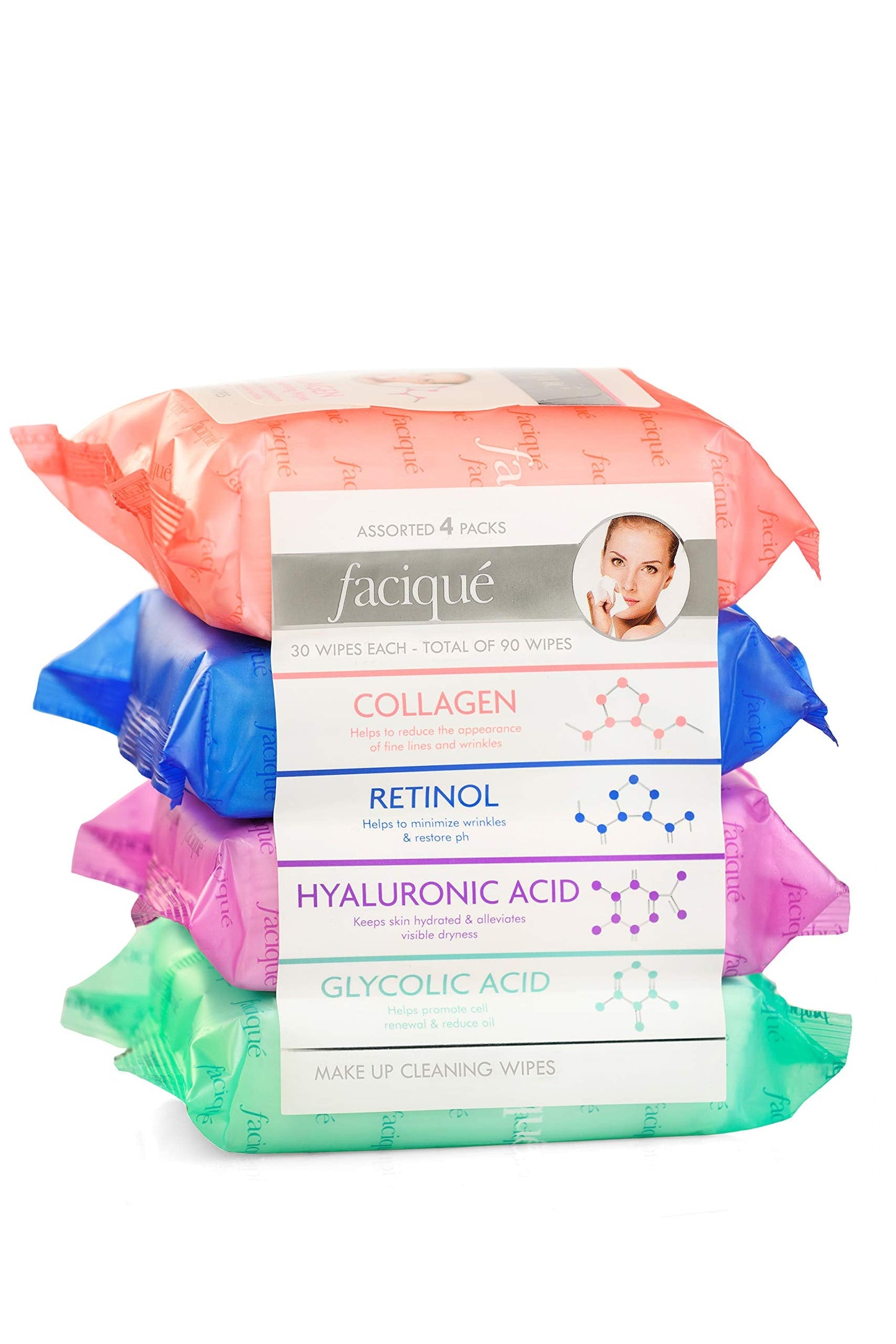 Faciqué Assorted Makeup Cleansing Wipes- Collagen/Retinol/Hyaluronic Acid/Glycolic Acid Beauty & Personal Care Faciqué
