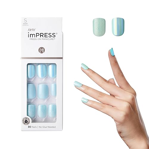 KISS imPRESS No Glue Mani Press On Nails, Design, 'Rain Check', Blue, Short Size, Squoval Shape, Includes 30 Nails, Prep Pad, Instructions Sheet, 1 Beauty & Personal Care imPRESS